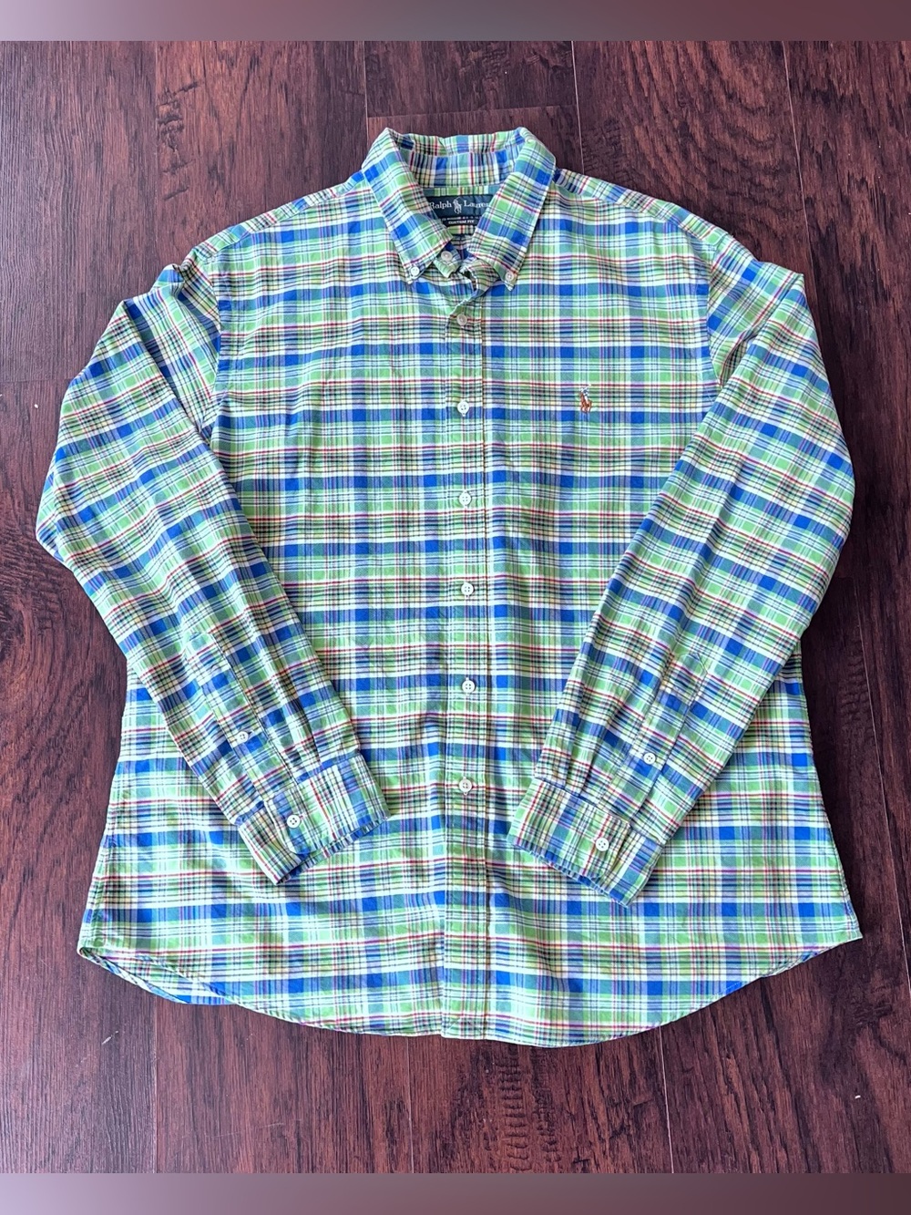 Ralph Lauren Mens Button Down Shirt Green Blue Plaid Madras Long Sleeve XL